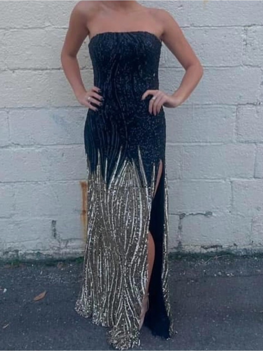 Aleta Two Tone Sequin Long Strapless Dress Black Gold Slit size 4